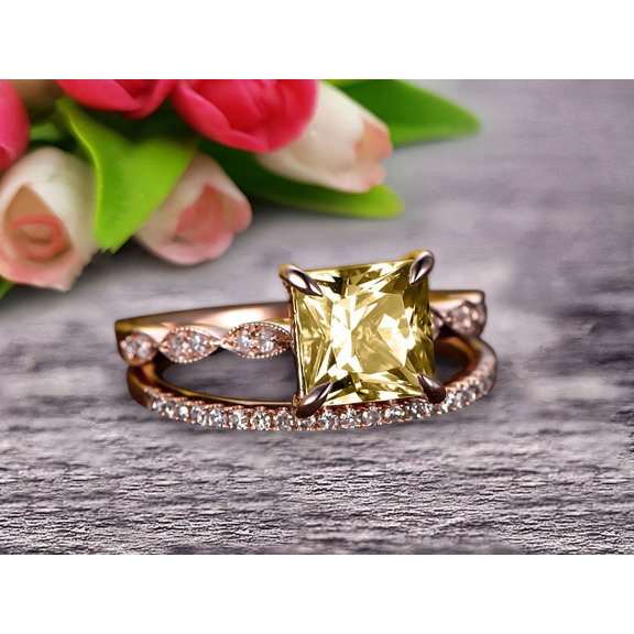 2.25 Carat 6mm Princess Cut Champagne Diamond Moissanite 10k Rose Gold Wedding Set Engagement Ring Art Deco Stacking Matching Wedding Band