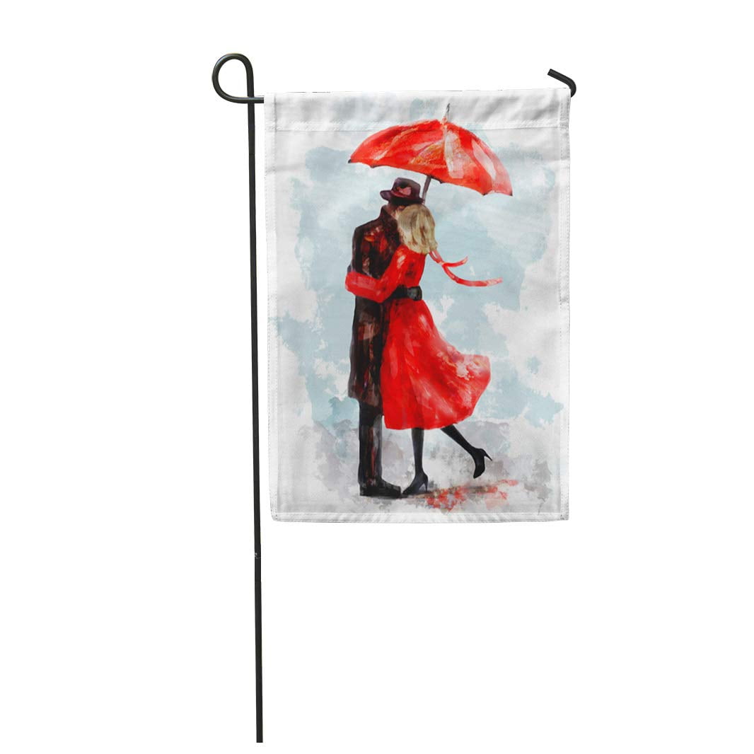 LADDKE Romantic Couple Under Red Umbrella Kiss Watercolor Lovely for