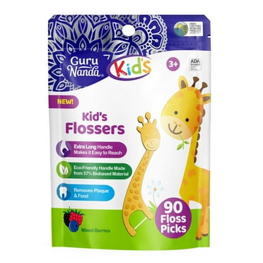 GuruNanda Kids Dental Floss Picks- Giraffe Shaped - Berry Flavored - 90 Count