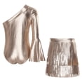 thumbnail image 4 of TiaoBug Kids Girls Latin Dance Outfit Shiny Metallic Fringe Dress One Shoulder Top with Tassels Skirts Set Camel 6, 4 of 7