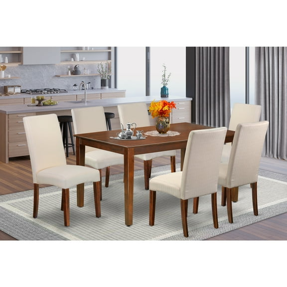 Dining Table Set 7 Piece Kitchen Table with 6 Linen Chairs - 36x60 Inch Rectangle Table, Mahogany Finish