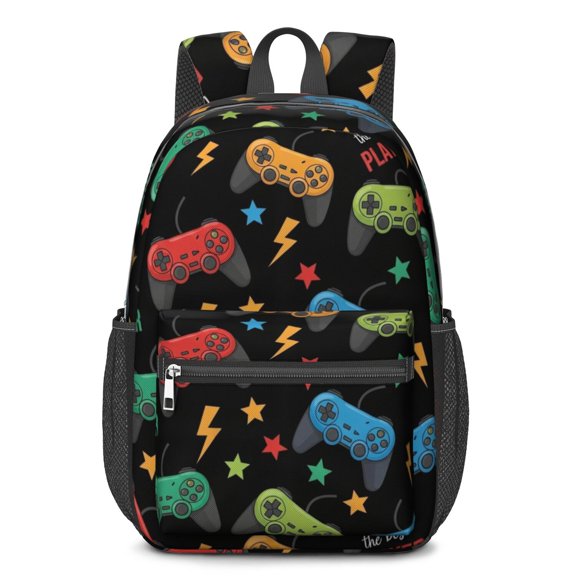 Game Controller Black Pattern 17" School Backpacks for Teens,Waterproof Oxford Fabric,S-Shape Padded Straps for School,Travel,Hiking,Camping