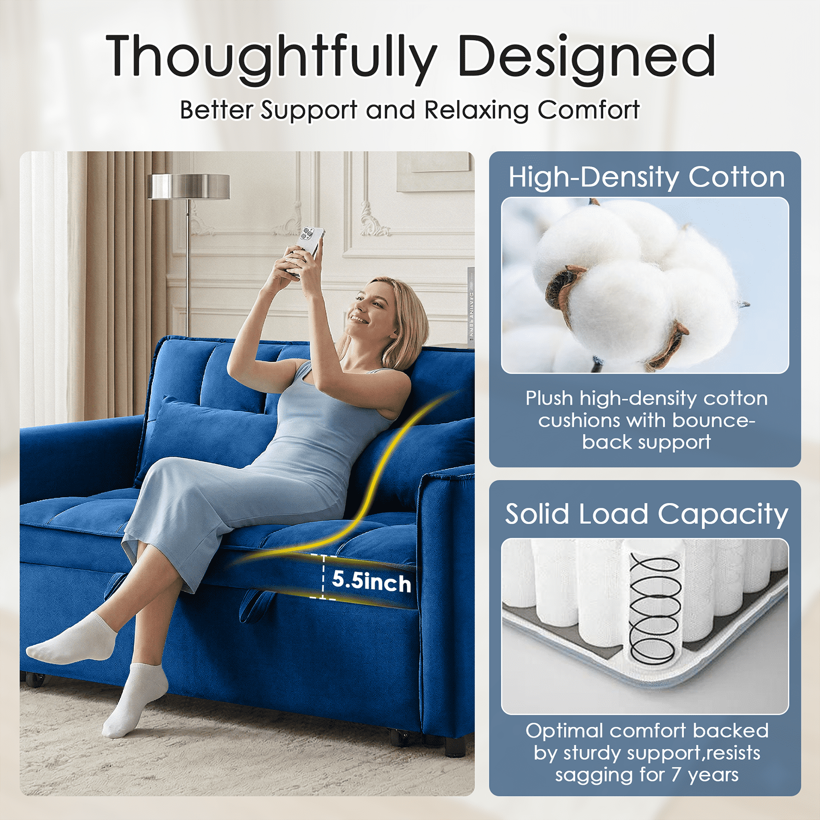 Amuille 3 in 1 Convertible Sleeper Sofa Bed, 54" Velvet Fabric Loveseat, Pull Out Couch for Living Room and Apartment (Blue)