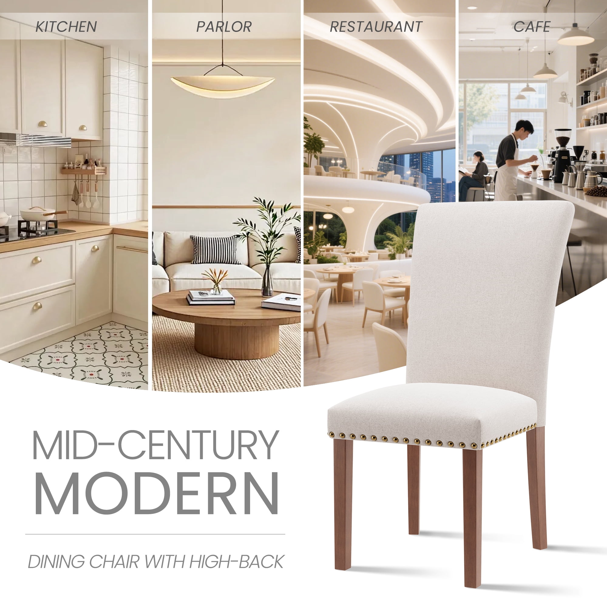 Mid-Century Fabric Dining Chairs with Nailhead Detail and Wooden Legs, Upholstered Side Chairs for Kitchen and Dining Room – Beige