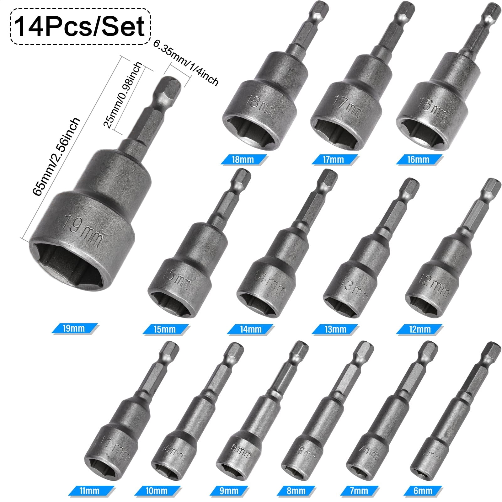STONEGO 5/6/8/9/14Pcs Hex Magnetic Socket Sleeve Set - Nut Driver Drill Bit Adapter for Quick and Secure Fastening, Ideal for Automotive, Home Repair, and DIY Projects