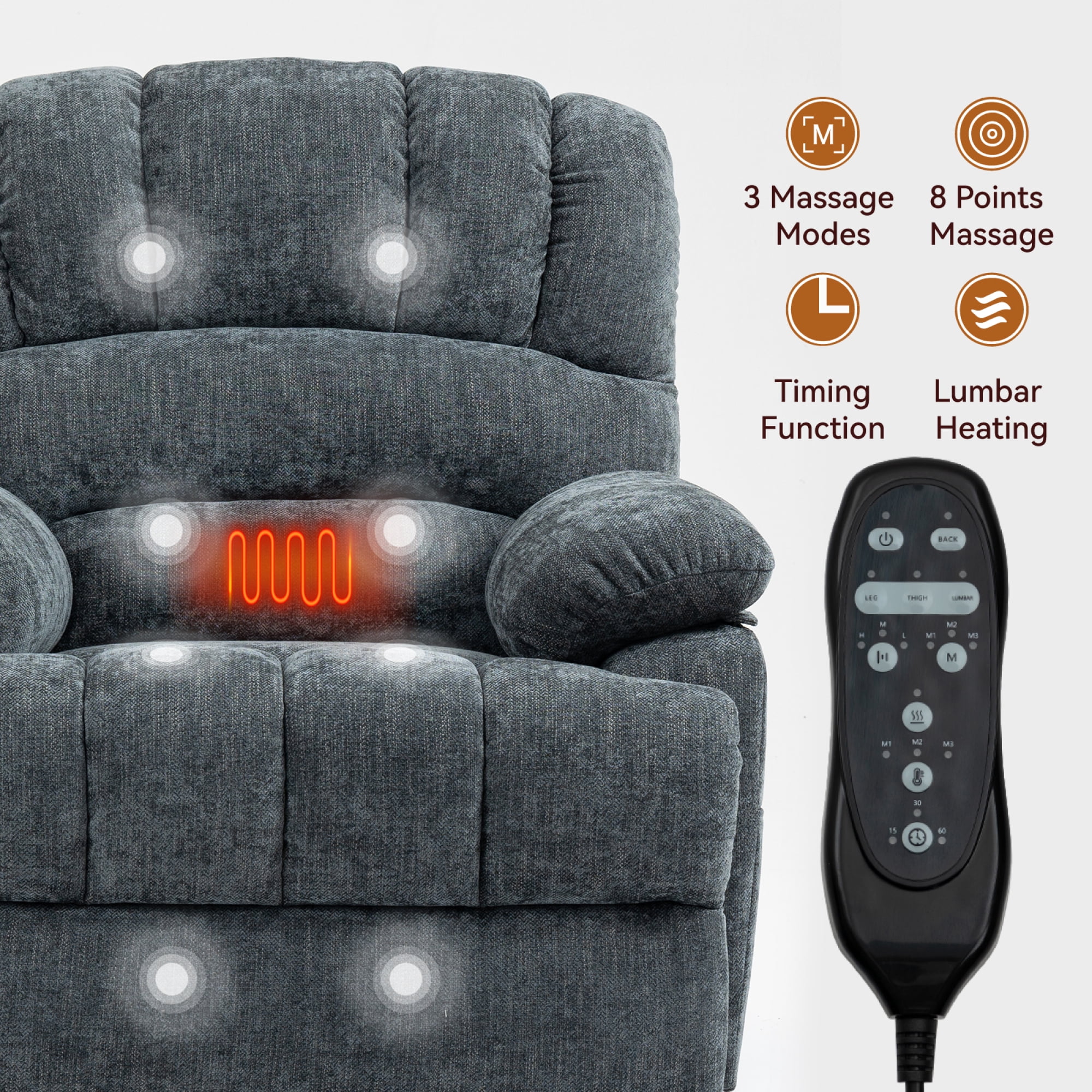 Leumius Power Lift Recliner Chair for Elderly with Vibration Massage and Lumbar Heating,23.5" Extra Wide Single Sofa with High Back,Side Pocket,USB Charge Port for Living Room,Blue-gray
