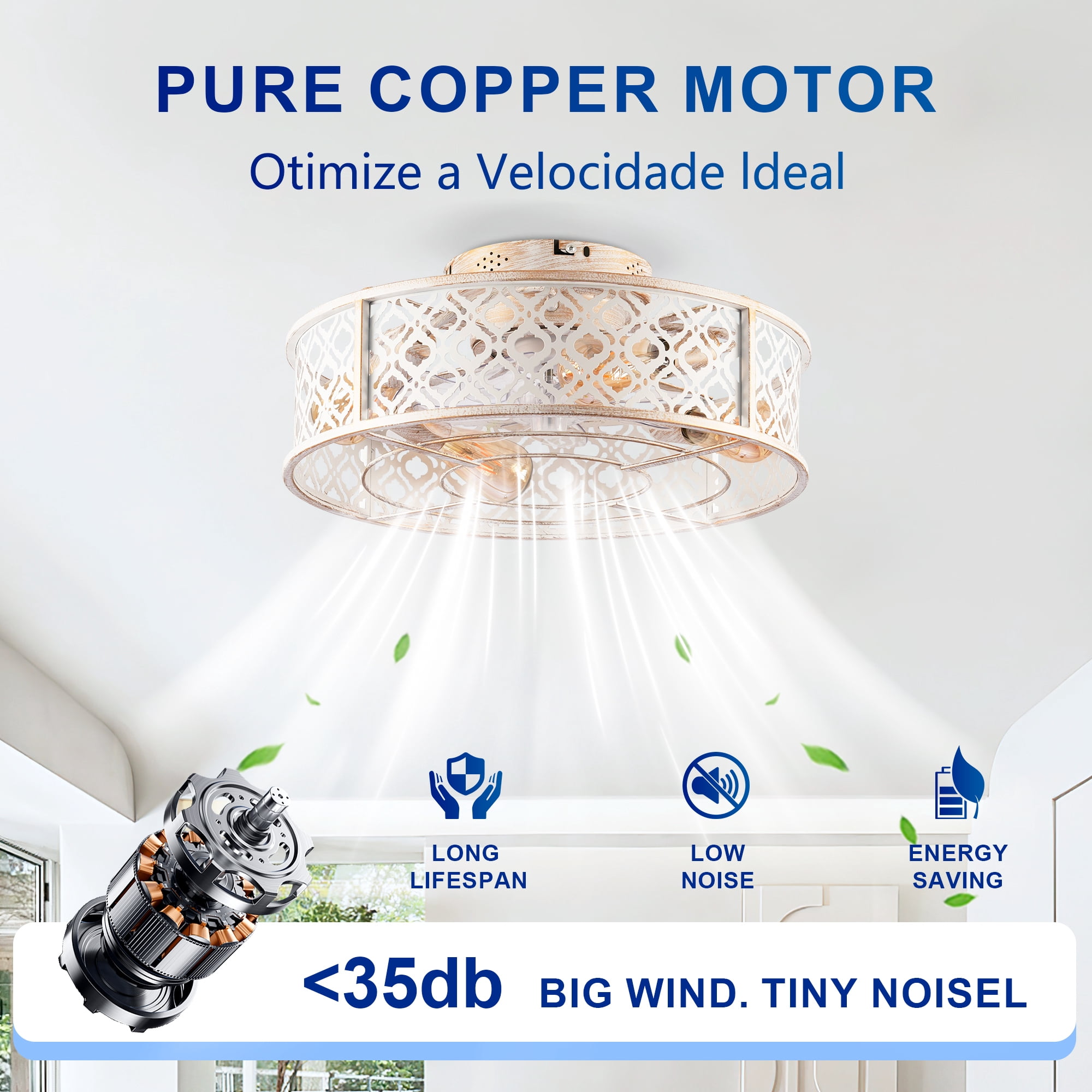 Leumius 20" Flower Style Iron Ceiling Fans with Light and Remote,Flush Mount Caged Ceiling Fan for Living Room Bedroom Dining Room White (NOT Included Bulbs)