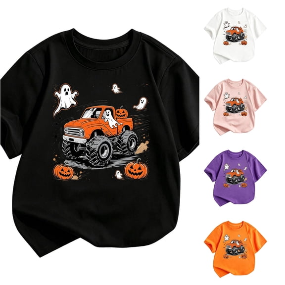 XAOFW Halloween Shirts For Girls Short Sleeve Crewneck Pumpkin Tractor Graphic Tees Toddler Kids Fall Loose Fit T-Shirts 3-4 Years