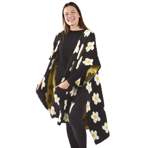 MeMoi Women's Plush Daisy-Themed Ruana Wearable Throw with Kimono Sleeves - Womens - Female, One Size, Black