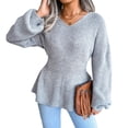 thumbnail image 1 of Mujeres Otoño Invierno suéter de punto Top linterna manga V cuello apretado cintura dobladillo ruffle Top gris S, 1 of 8