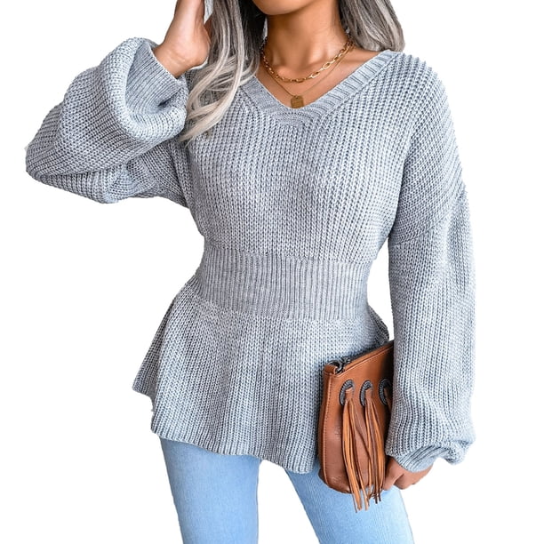Lantern Sleeve Tight Waist Sweater, Skin Friendly Women Autumn Winter Knitted Sweater For Home