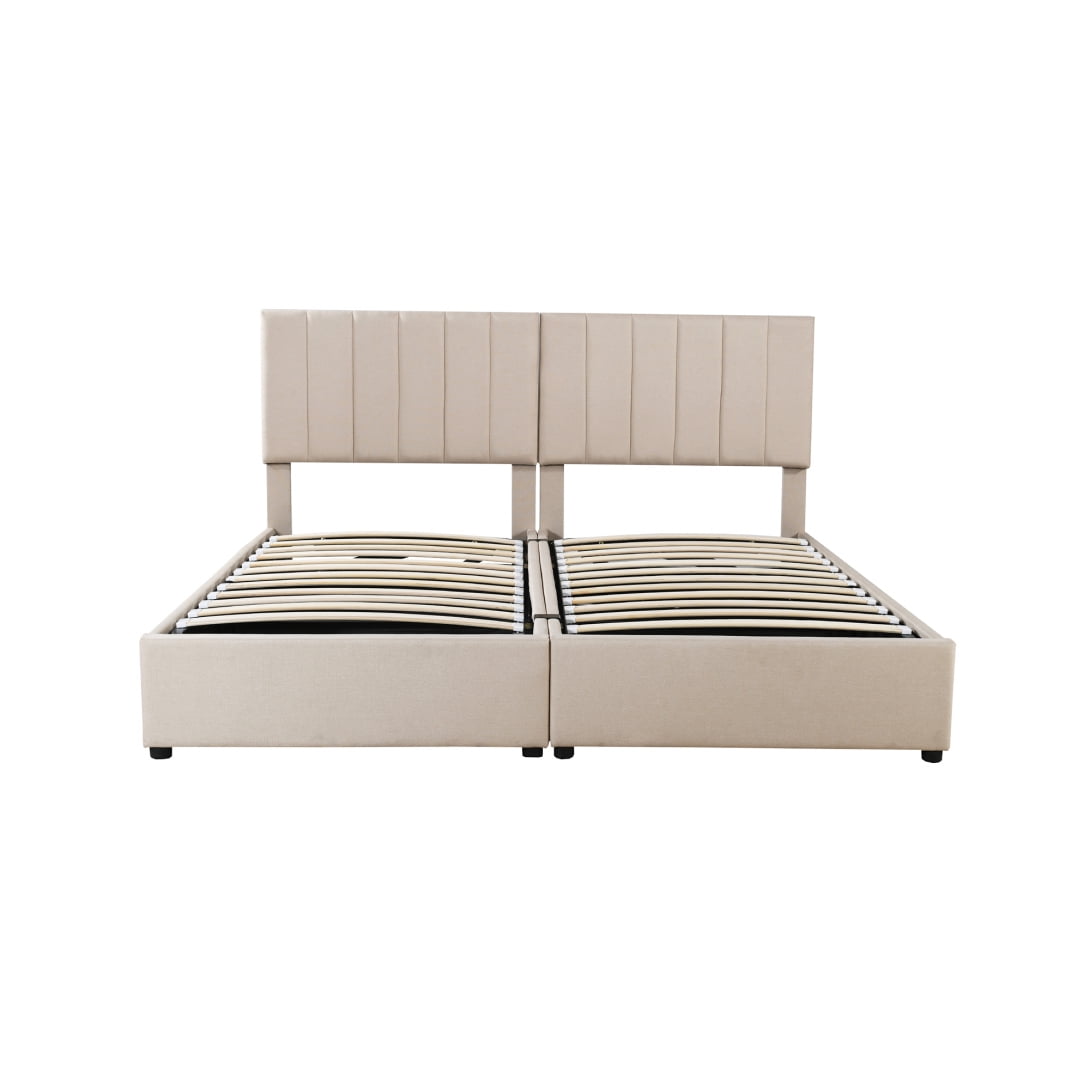 King Size Lift up Storage Bed Frame, Upholstered Platform Bed with Headboard & Hydraulic Storage & Wood Slats Support, No Box Spring Needed, Beige