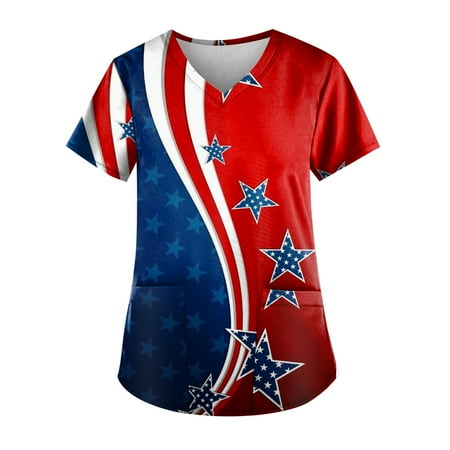 

XHJUN Scrub Tops Comfortable Easy Fit Lightweight Durable Soft Stretch American Flag Printed V-Neck Scrub Top Vermilion XXL