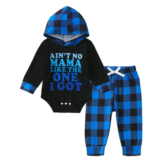 Newborn Baby Boys Clothes Newborn Boys Pant Set Newborn Boys Long Sleeve Letter Print Hooded Romper Top Plaid Pants 2PCS Outfits Set Blue