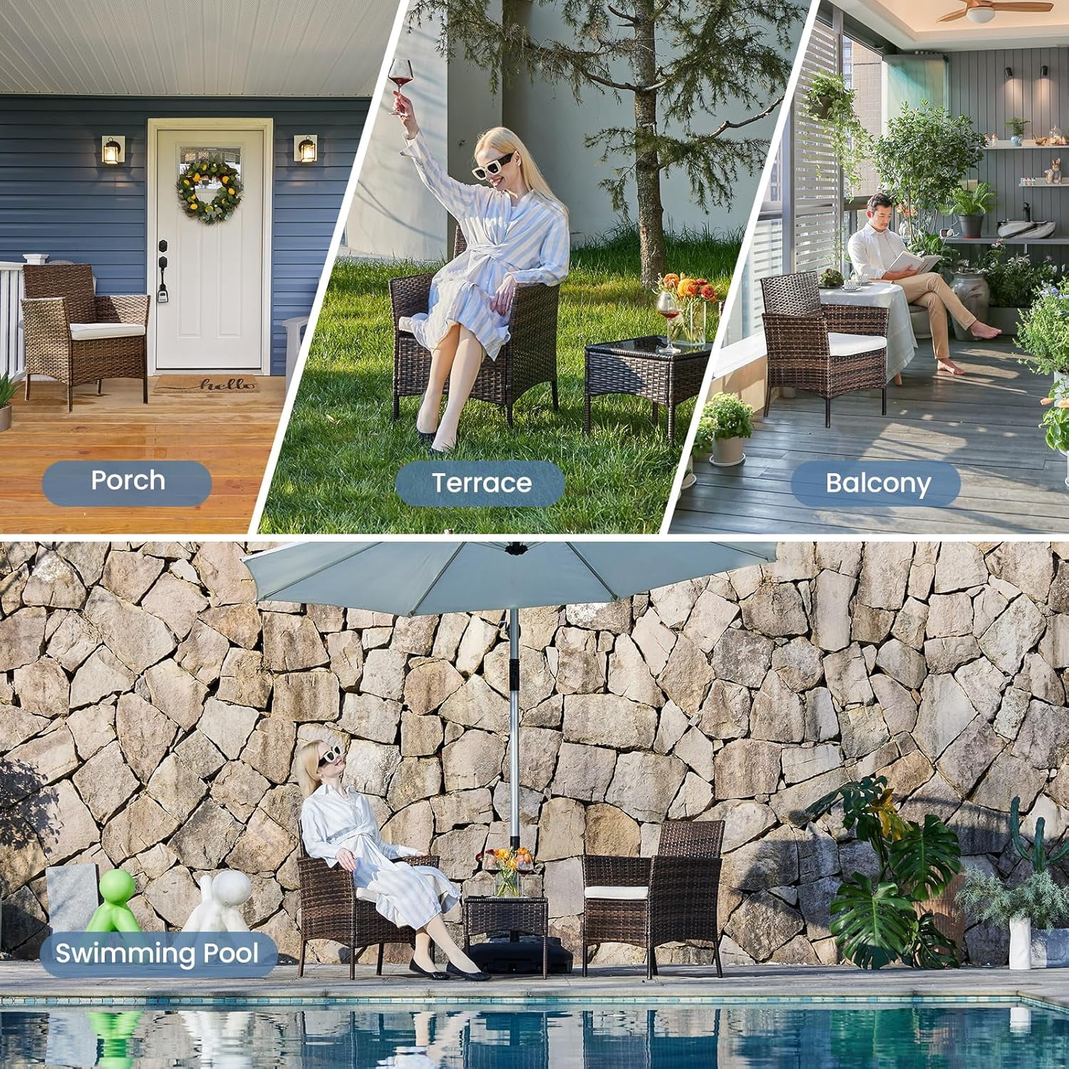 3-Piece Patio Bistro Set, Outdoor Furniture All-Weather Rattan Conversation Set, 2 Armchairs with Glass Coffee Table, for Porch, Backyard, Balcony