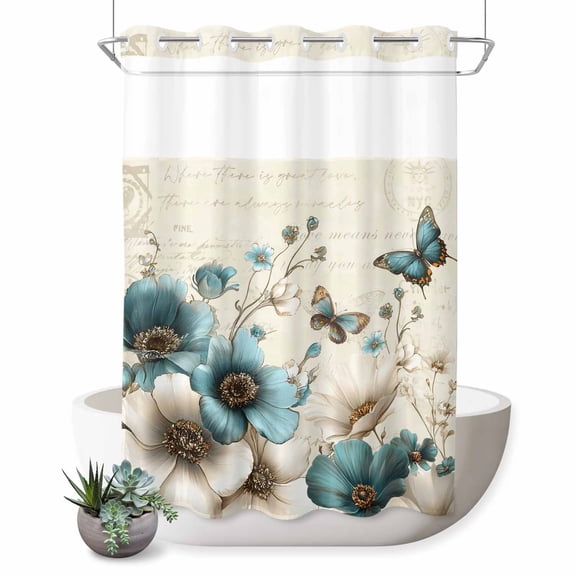 No Hook Shower Curtain, Teal Tulip Butterfly Shower Curtains for Bathroom with See Through Top Window, Turquoise Floral Farmhouse Beige Waterproof & Washable Bath Curtain Extra Long 72"x96"