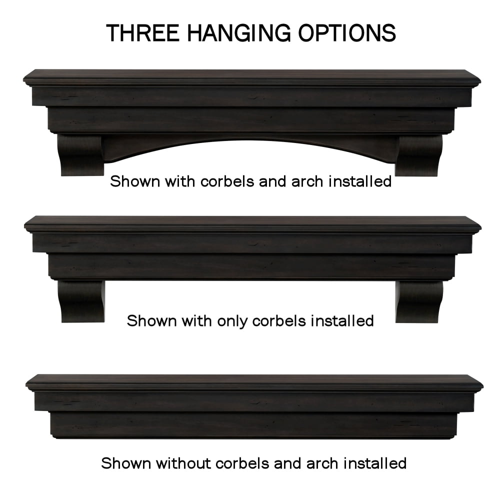 Pearl Mantels Celeste Versatile Hand Distressed and Hand Finished Premium Pine Wood Mantel Shelf, Dark Roast Finish, 72"L & 10"D, Hang Alone, with Corbels or with Corbels and Arch (Included)