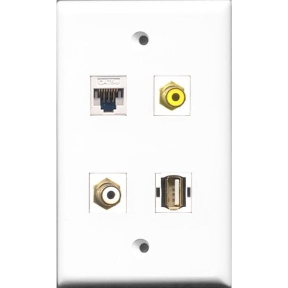 RiteAV 1 Port RCA White and 1 Port RCA Yellow and 1 Port USB A-A and 1 Port Cat5e Ethernet White Wall Plate