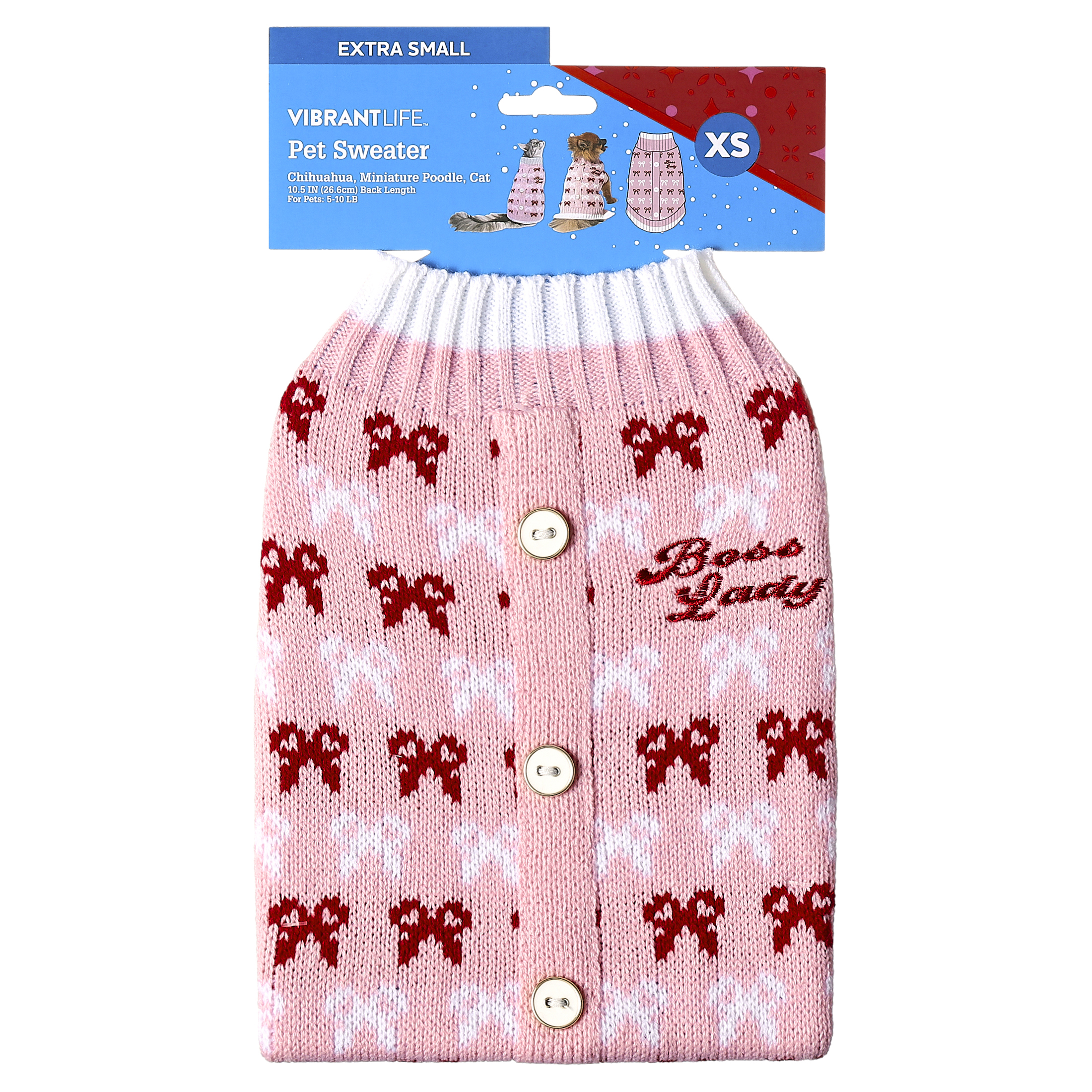 Vibrant Life Holiday Pet Sweater for Cats & Dogs, Boss Lady Bows, Pink, Extra Small