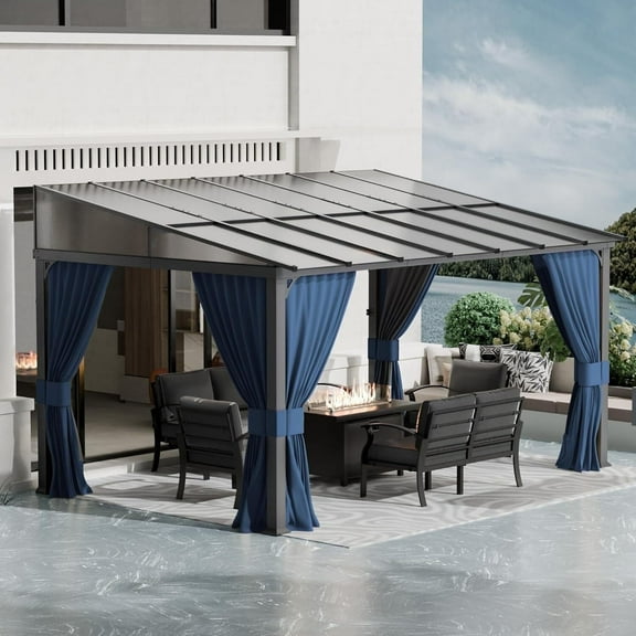 ASJMR 10x14FT Wall Mounted Gazebo with Polycarbonate Roof,Metal Frame Lean to Gazebo With Double Curtains for Garden Lawn Backyard Deck,Navy