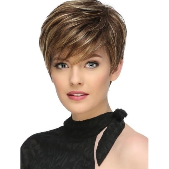 Short Dark Brown Mixed Blonde Highlight Pixie Cut Wigs with Bangs Synthetic Layered Wigs for Women Natural Hair Replacement Wigs