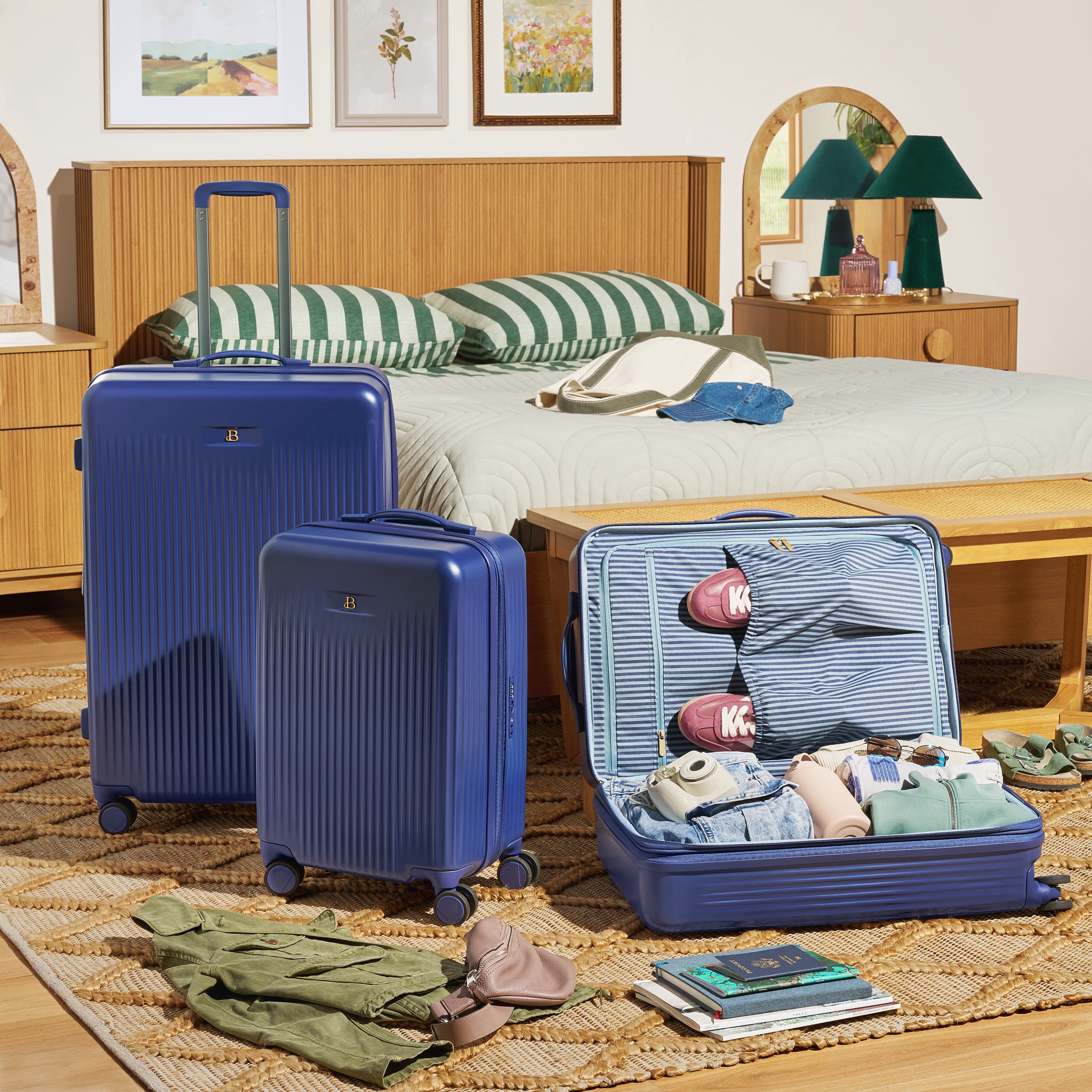 Beautiful 24-inch Checked Expandable Hardside Upright Luggage by Drew Barrymore, Starry Night Blue