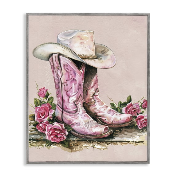 Stupell Industries Glam Bling Cowgirl Boots Plants & Flowers Painting Gray Framed Art Print Wall Art, 16 x 20