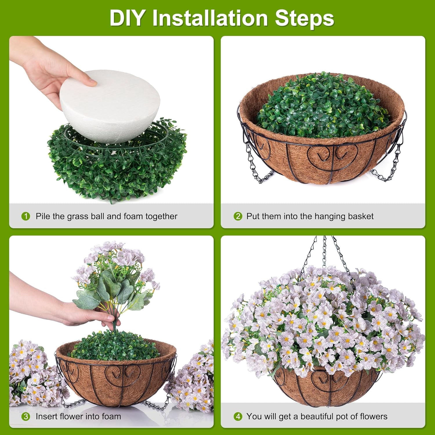 Artificial Hanging Flowers Basket for Spring Outdoor Outside Decoration, Fake Silk Colorful Daisy Eucalyptus in Planter UV Resistant Look Real for Home Patio Yard(Darkorchid)