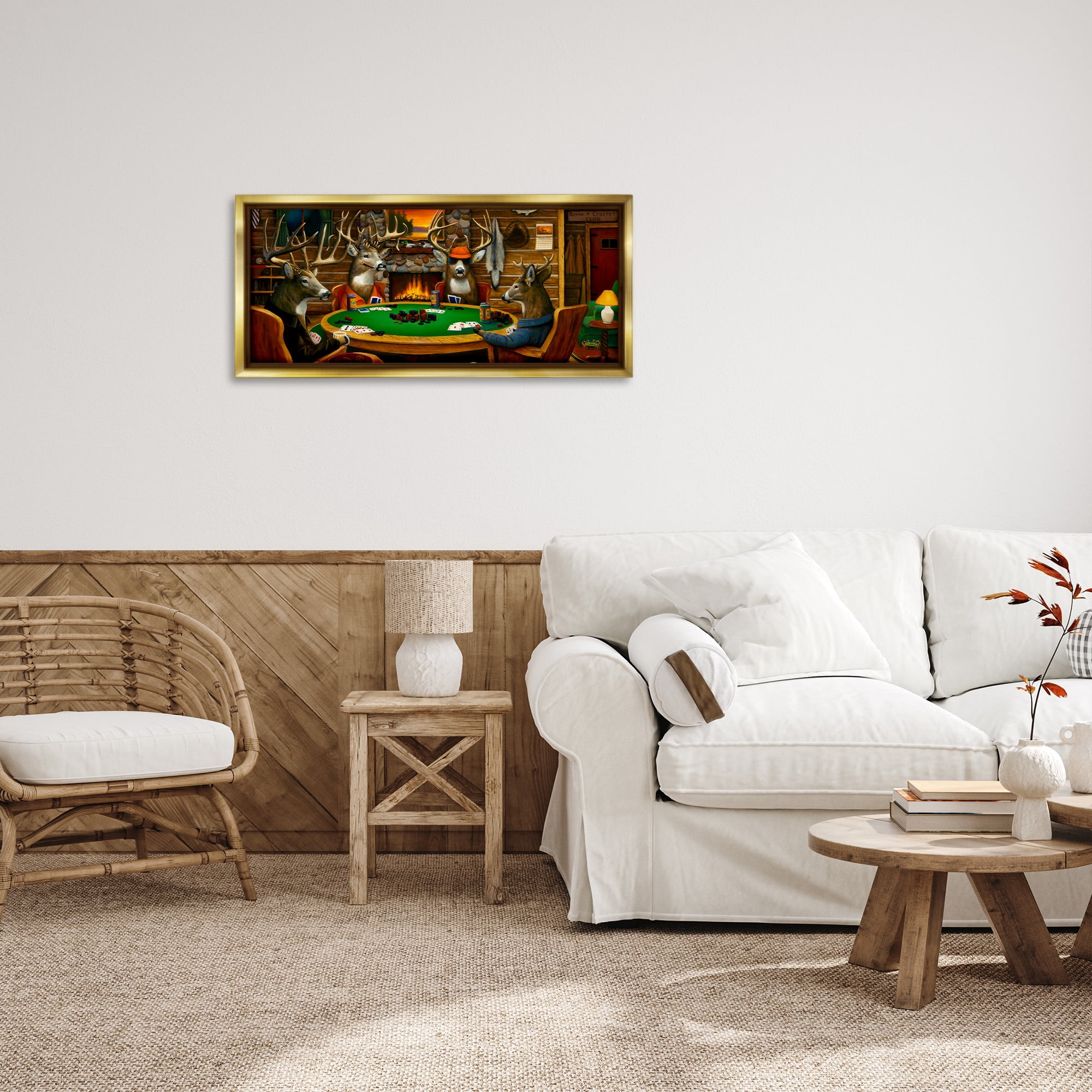 Stupell Industries Deer Playing Poker in Lodge Animals & Insects Painting Gold Floater Framed Canvas Art Print Wall Art, 31 x 14
