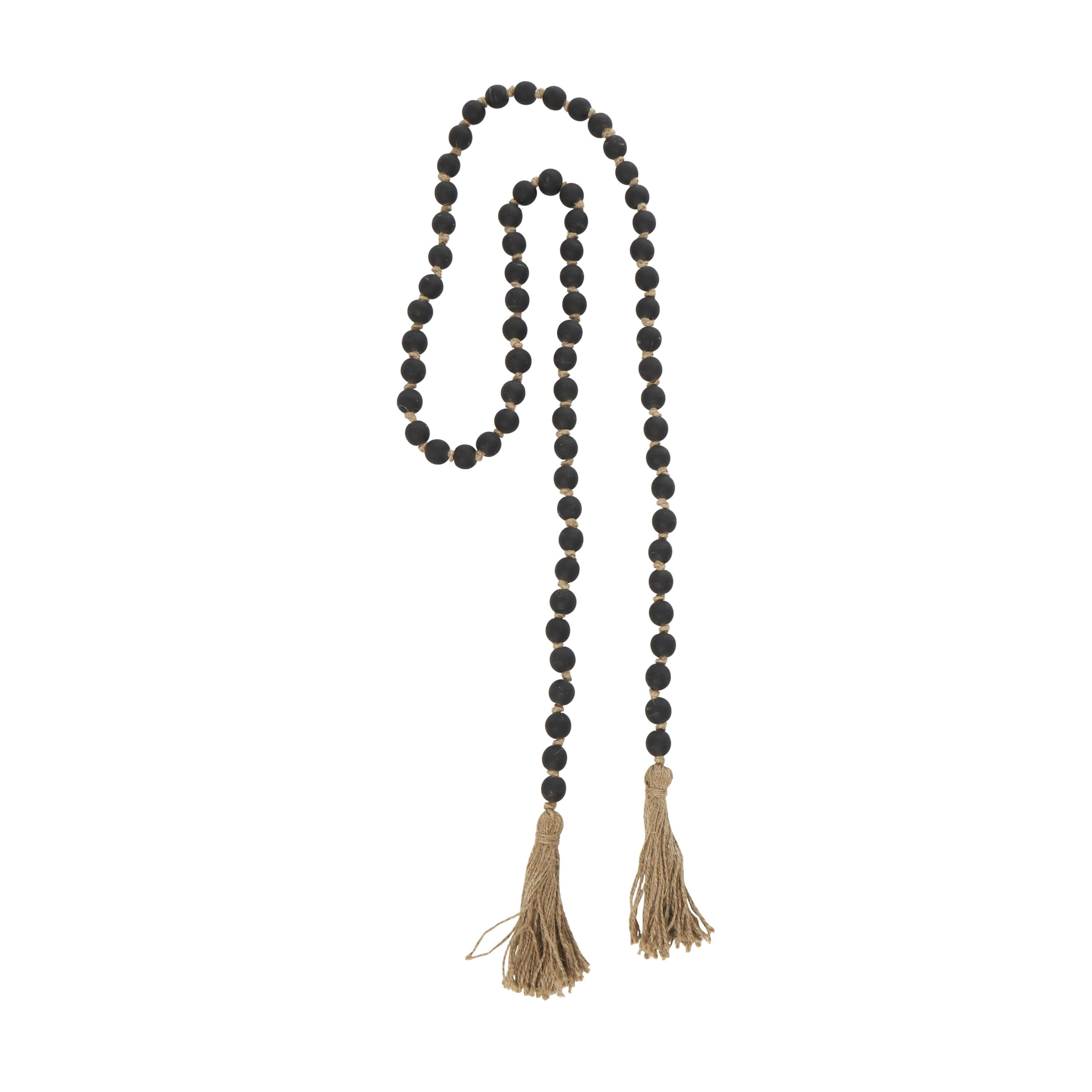 DecMode Handmade Round Long Frosted Black Glass Garland with Tassel with Knotted Brown Jute