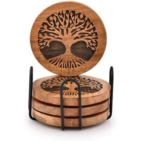 Coasters Set of 4 Handmade Round Wooden Tree of Life Coasters for Drinks with Iron Holder for Any Table Type for Bar Kitchen Home Apartment (4" x 4" x 0.5")$$Home Decor, Kitchen, & Other