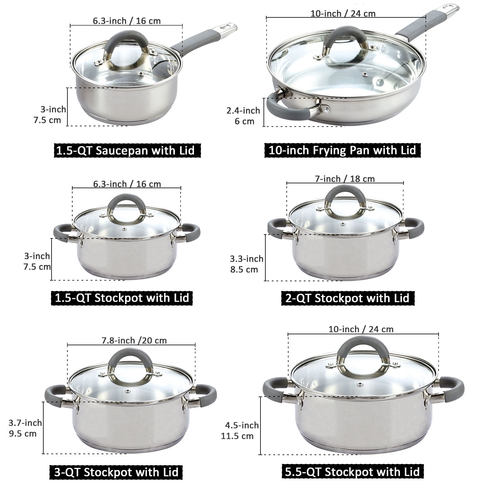 Cook N Home 12-Piece Stainless Steel Cookware Set in Gray and Stainless  Steel 02410 - The Home Depot