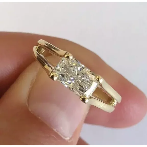 Women's Solitaire East West Radiant Cut Lab Created Diamond Engagement Ring in 14k Yellow Gold Plated