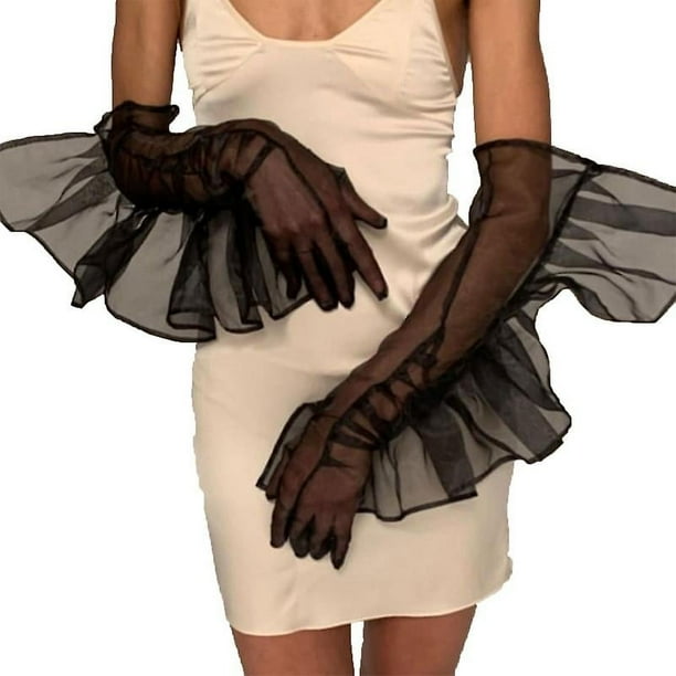 M Guantes largos de encaje con volantes para mujer, guantes de tul, disfraz de fiesta de boda Lolita