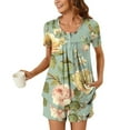 thumbnail image 2 of hxobax Women's Short Sleeve Pajama Sets Loungewear Casual Floral Printed Round Neck Button Down Shirts Tops and Shorts Matching Sets Trendy Tunic Blouse Pjs Pajamas Set Nightwear,#01_Green,Small, 2 of 6