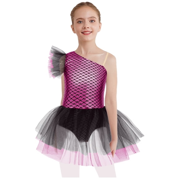 inhzoy Kids Girls Sleeveless Fish Scales Printed Gymnastic Tutu Dress Ballet Dance Figure Ice Skating Dress Hot Pink 8