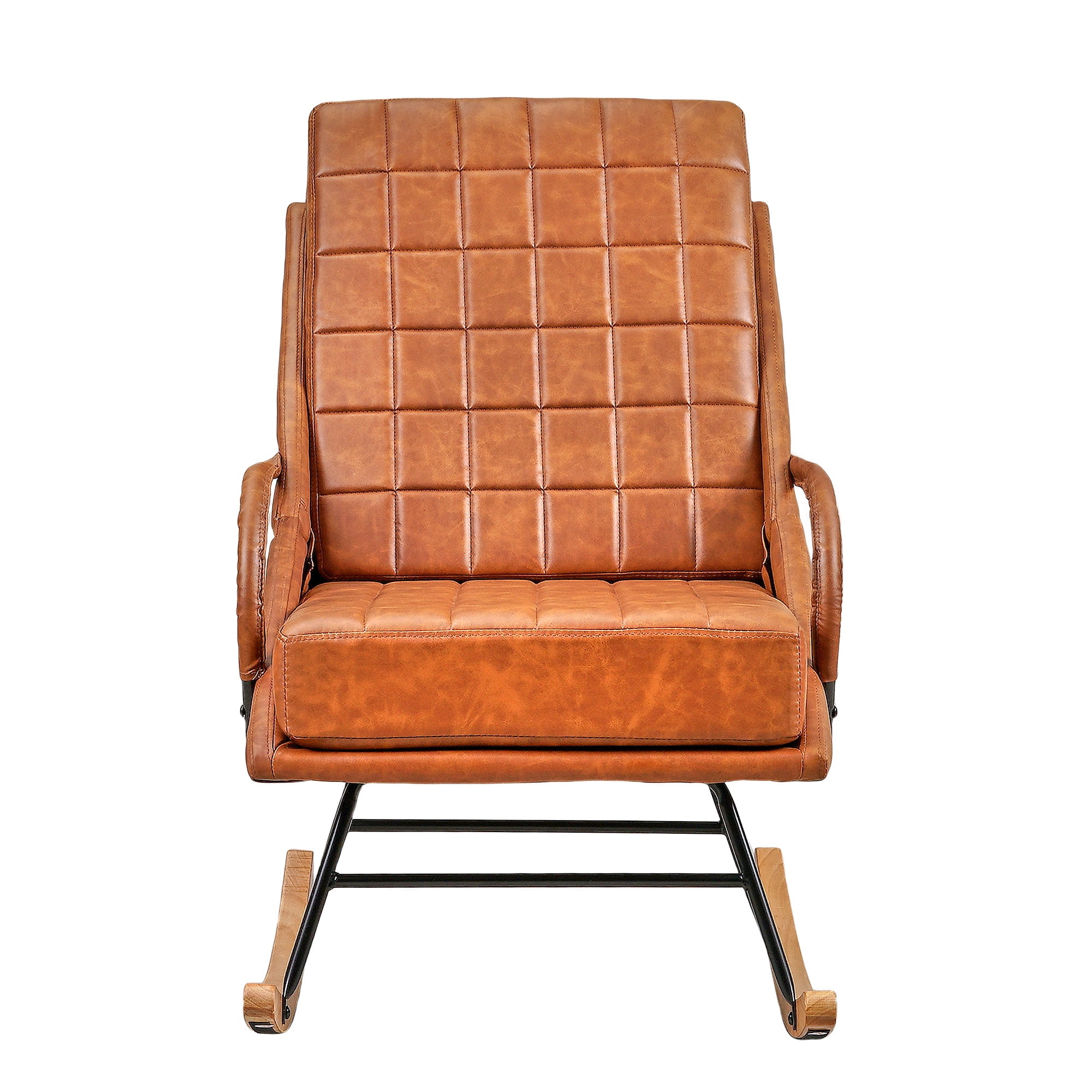 VECELO Nursery Rocking Chair with High Backrest, PU Leather Comfortable Rocker with Padded Seat for Living Room, Bedroom, Brown