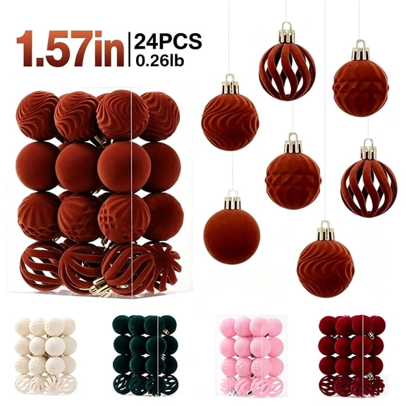 OVFUIZ Christmas Ball Ornaments 24 Pcs Flocked Velvet Shatterproof Christmas Tree Balls with Wavy Embossed & Hollow Cut for Holiday Decor