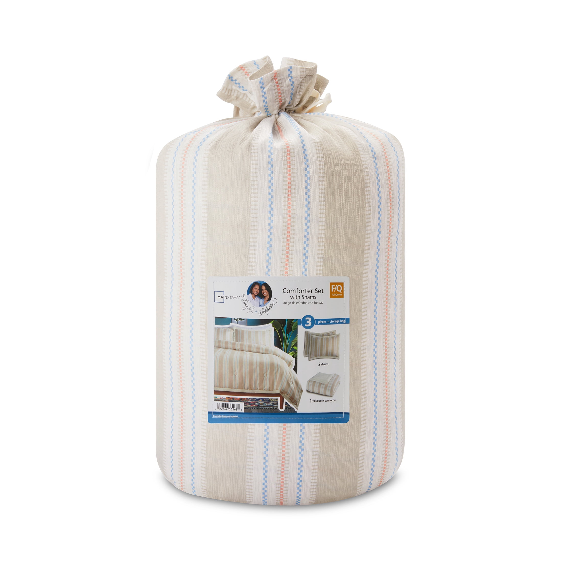 Mainstays by Becky G. & Alejandra 3-Piece Beige Stripe Comforter Set with Shams, Full/Queen
