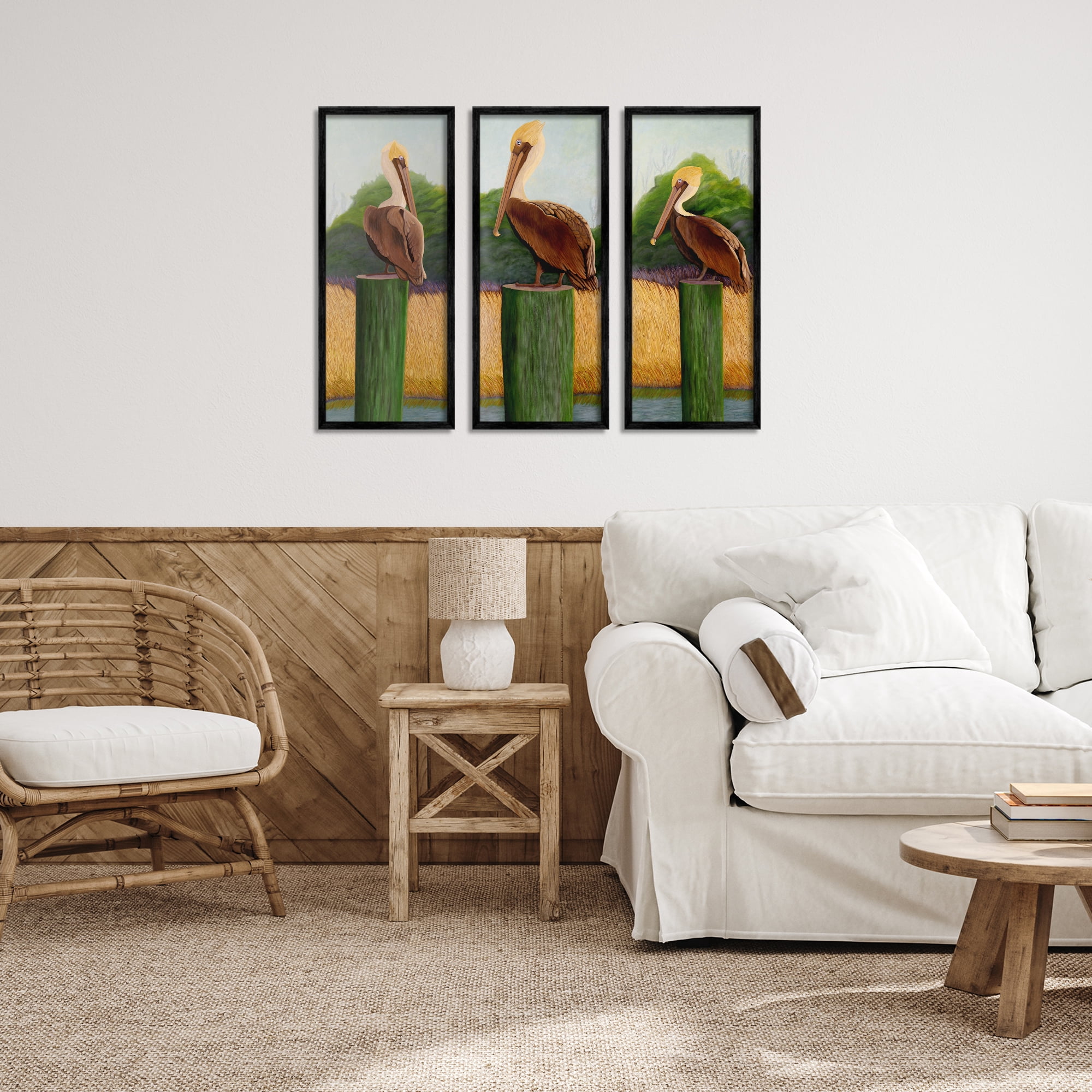 Stupell Industries Blue Eyed Pelicans in Marsh 3 Piece Black Framed Giclee Art Set, design by Barbara Fallenbaum