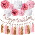 thumbnail image 1 of Juego de decoraciones para fiesta de cumpleaños de oro rosa, pancarta de feliz cumpleaños con purpurina de oro rosa, pompón de papel de seda, guirnalda de puntos circulares y guirnalda de borlas para, 1 of 5