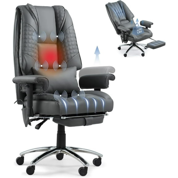 6-Point Massage Office Chair with Heating – Premium Ergonomic Executive Chair with Retractable Footrest & Reclining Function