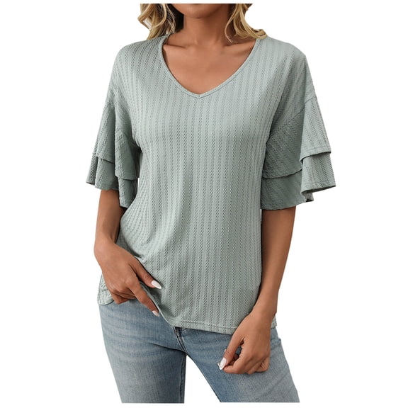 Uaswgudfs Women's Casual V Neck Flounce Short Sleeve Shirts Knit Loose Tunic Tops Blouses