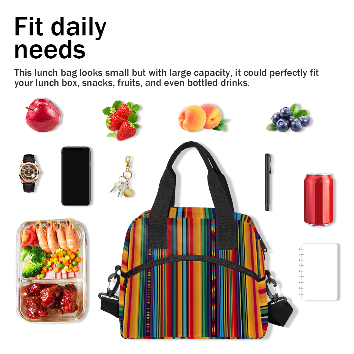 Herdesigns Boho Colorful Striped Insulated Lunch Bag for Women Men Adults Large Reusable Lunch Box Leakproof Portable Cooler Tote Bags with Adjustable Shoulder Strap