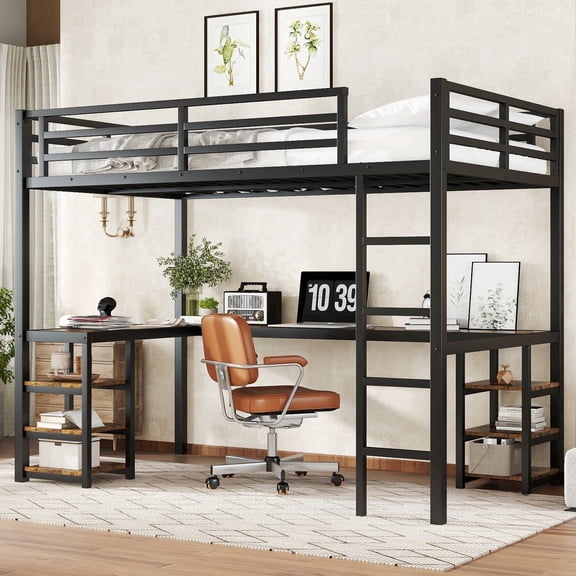 Morufur Twin XL Loft Bed with Desk, Shelves, Ladder and Guardrails, Metal Bunk Bed with Wood Workstation for Bedroom Dorm