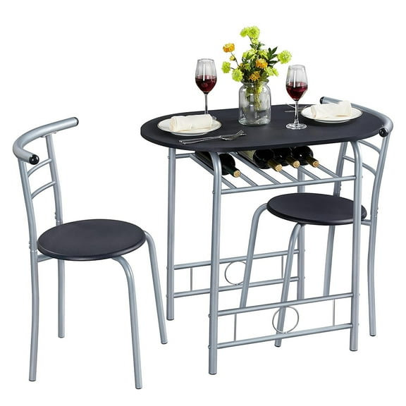 3 Piece Kitchen Table Set, Dining Table Sets for 2, Compact Table and Chairs with Steel Frame & Shelf Storage for Bistro, Small Spaces, Apartment, Black