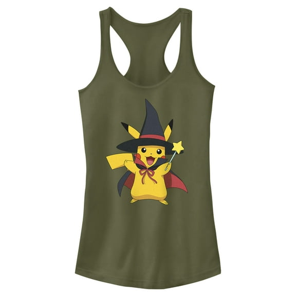 Junior's Pokemon Halloween Pikachu Magic Wand Racerback Tank Top Military Green 2X Large