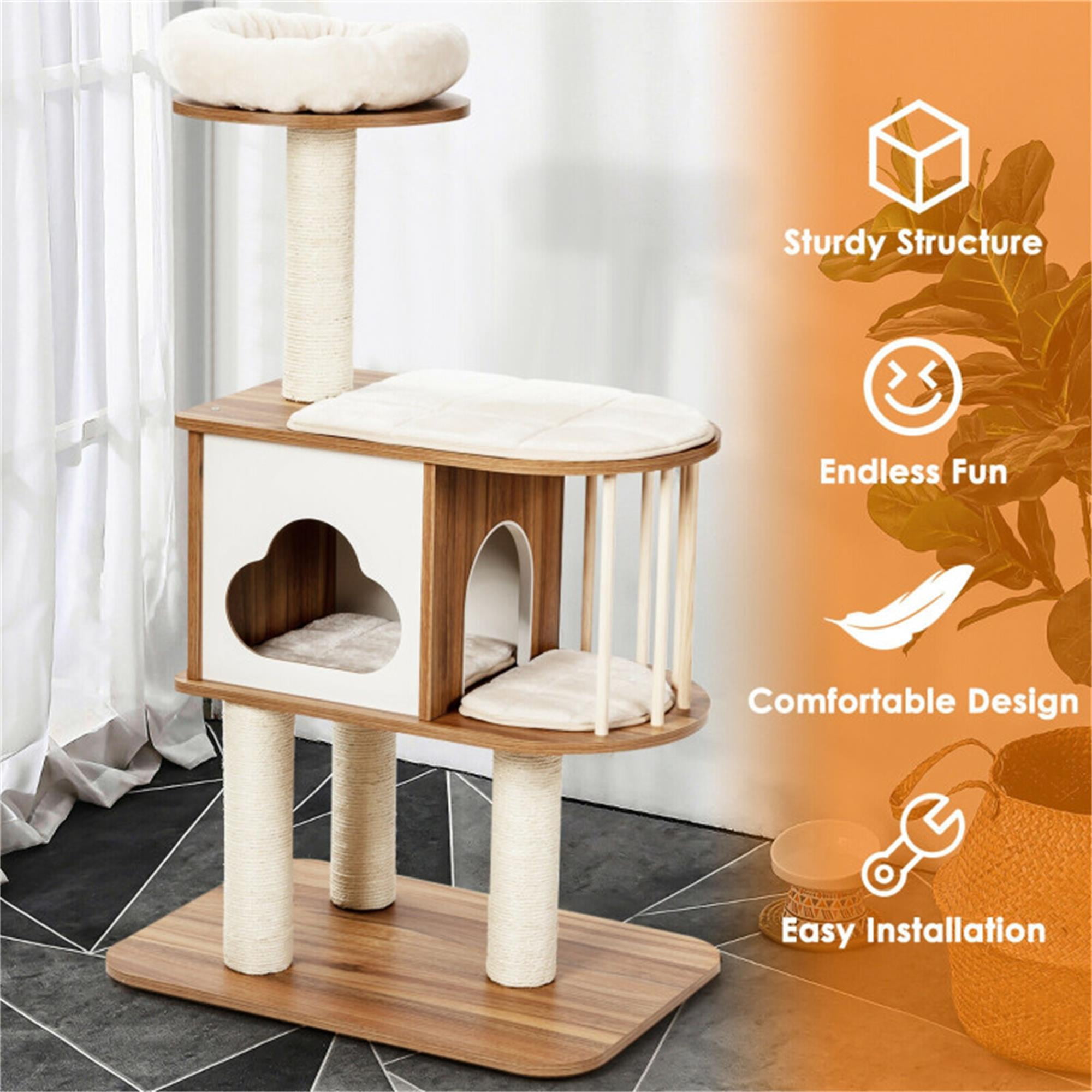 resenkos 46" Wood Cat Tree Tower Furniture, Cat Condo with Platform, Cushionsfor, Scratch Post for Kittens Cat Tree House, Brown