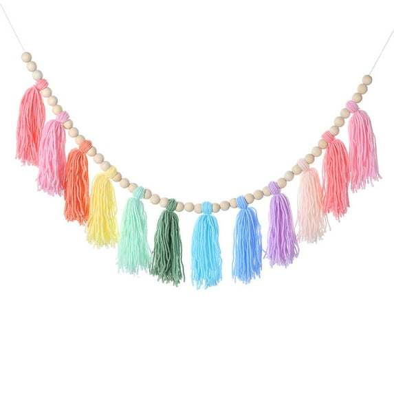 Living Room Room and Bedroom Home Decor Baby Wood Beaded Banner Wood Beads Fluff Thread Ball String Tassel Girls 2