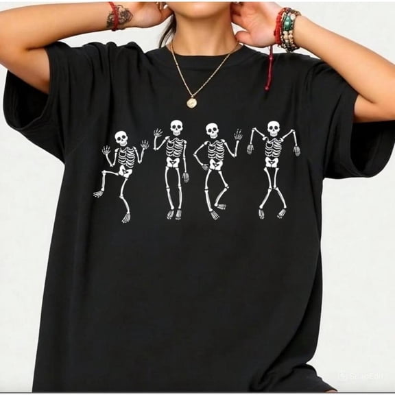 Dancing Skeleton T Shirt, Graphic Tees, Spooky Halloween Tops for Women, Interesting design，Causal，cotton，black，S-5XL